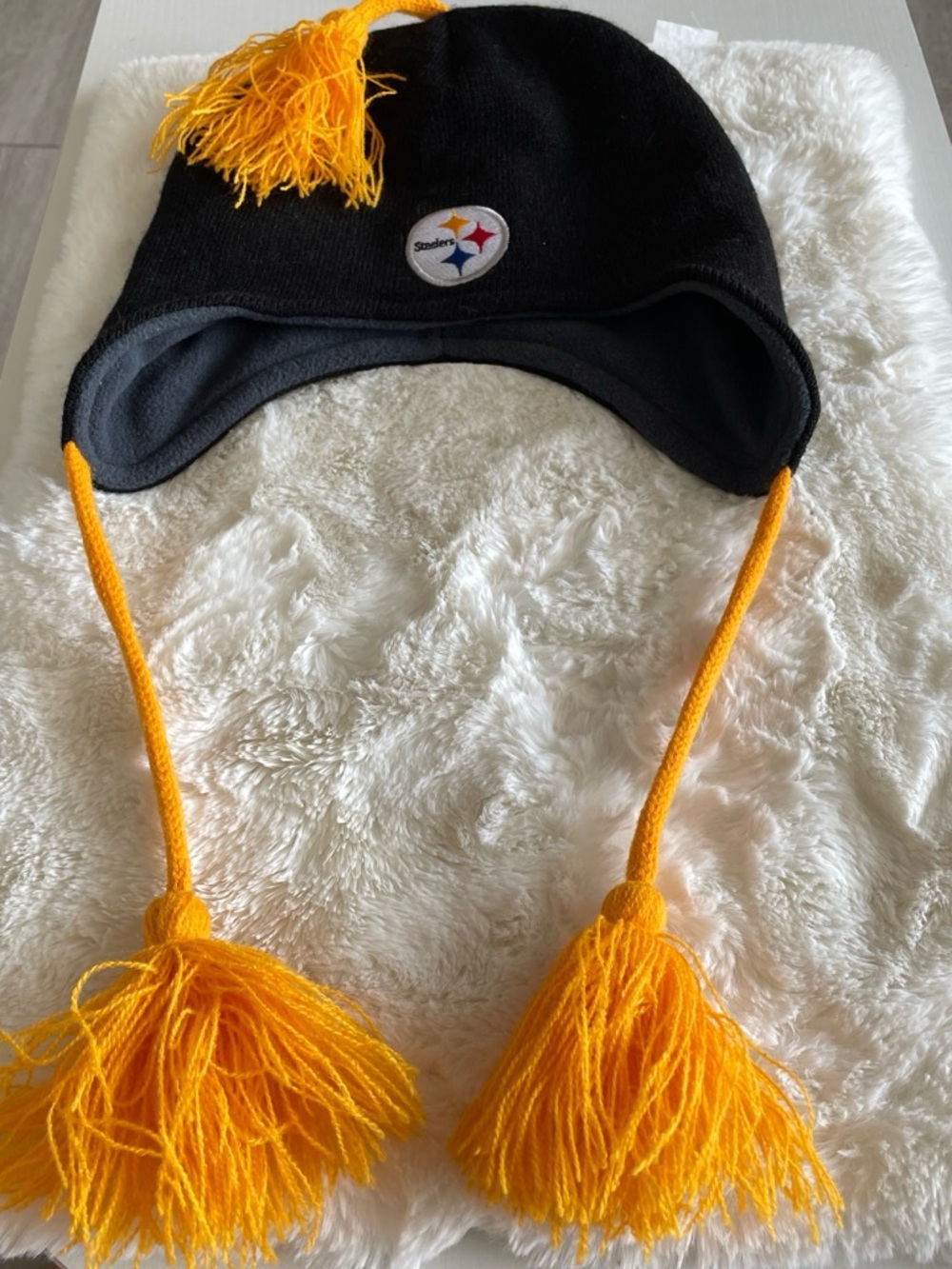 Steelers Black and Gold Earflap Pom-Pom Beanie with Team Patch